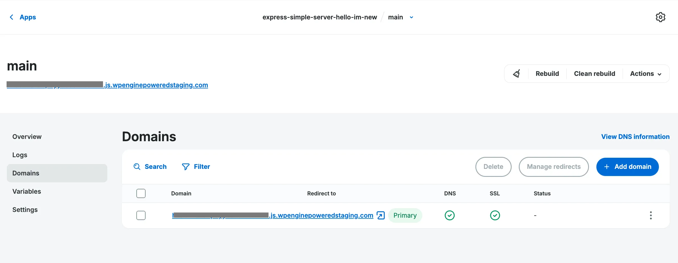Screenshot of the Domains page